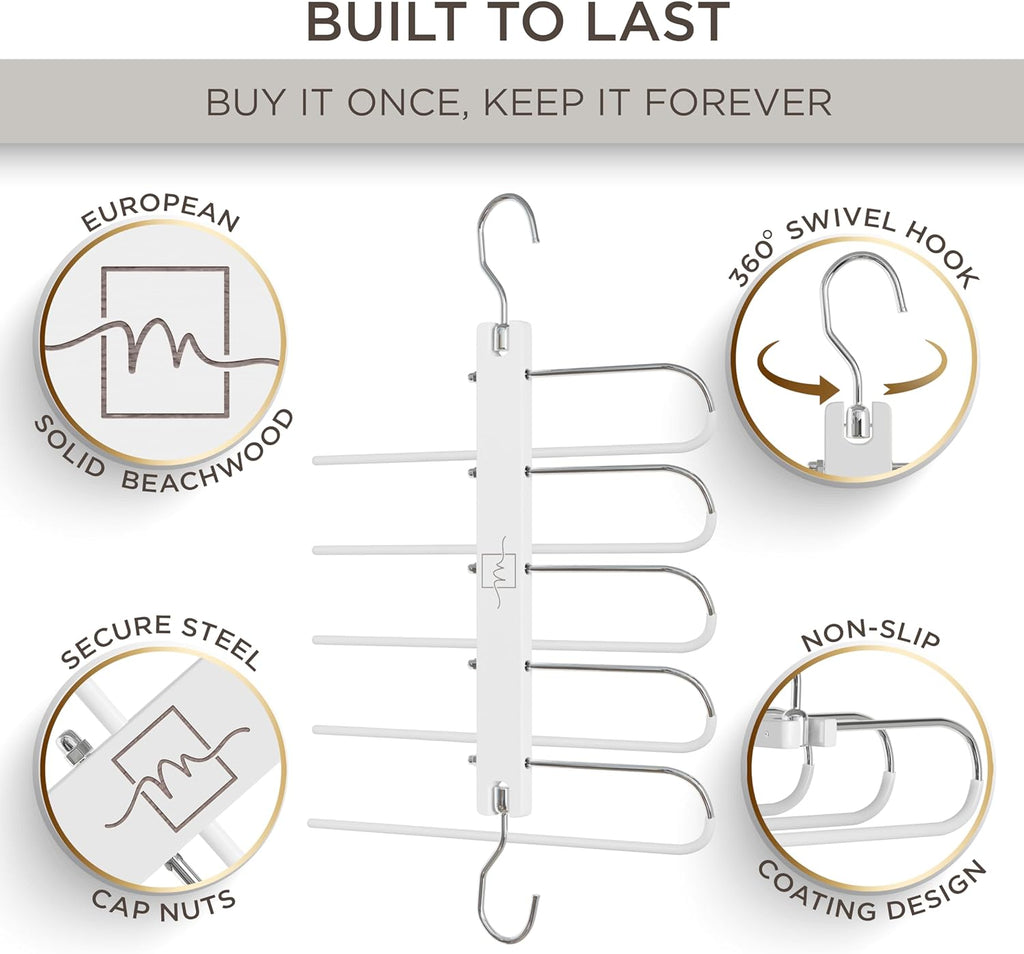 MORALVE Pants Hangers Space Saving - 2 Pack European Beechwood Scarf and Jean Hangers - Closet Organizer and Space Saver Pant Rack, Leggings Hanger, and Scarf Holder with 360° Swivel Hook