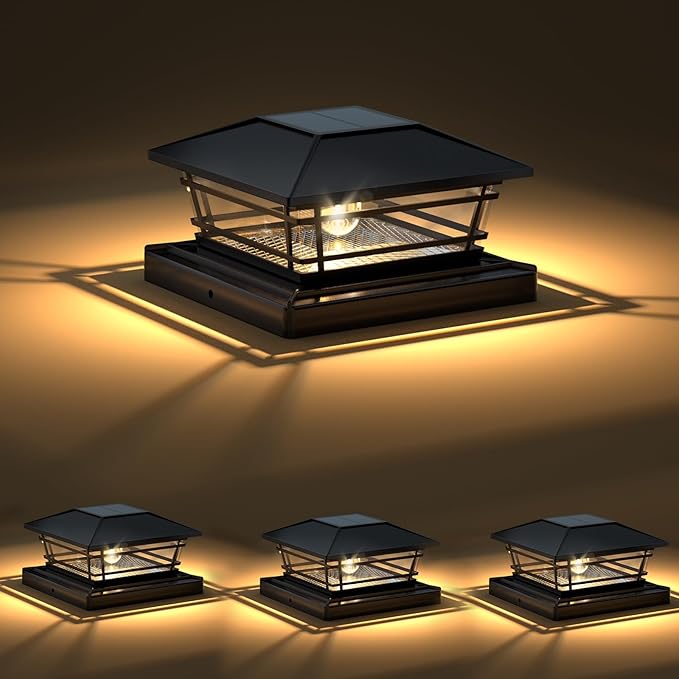 Solar Post Cap Lights Outdoor 4Pack [LED Bulb, 2 Brightness Setting] Fence Post Solar Lights Waterproof for 4x4 5x5 or 5.5x5.5 Wood Posts, Warm Bright Bulb Lighting for Garden Deck Yard