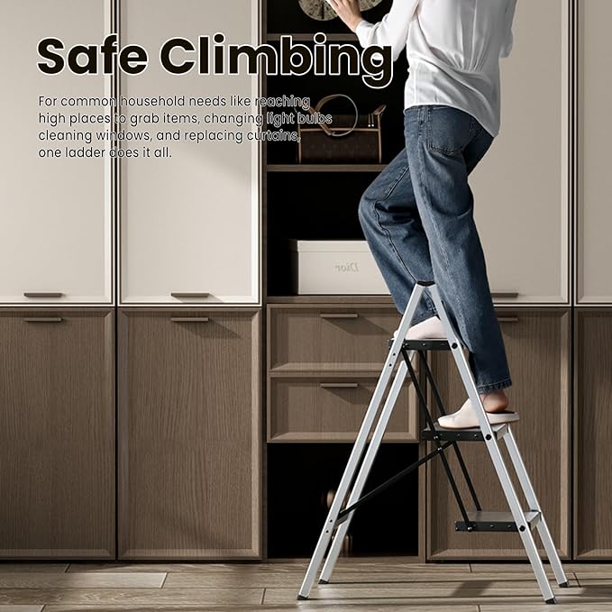 HillhutApex 3 Step Stool, Aluminum Foldable Step Ladder, Lightweight Stable Stool with Wide Non-Slip Pedals, 330lbs Bearing Capacity Ladder for Office,Home,Kitchen - Silver
