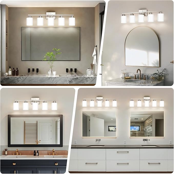 Brushed Nickel Bathroom Light Fixtures, 5-Light Modern Vanity Light Over Mirror, Wall Sconces with Milky White Frosted Glass Shades, E26 Socket (Bulbs Not Included)