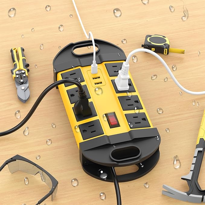 HHSOET Outdoor Weatherproof 8 Outlet Power Strip, IPX6 Waterproof Surge Protector, 2 USB-A 1 USB-C Ports, 15 FT Extension Cord for Outdoor Patio Garden Porch Garage