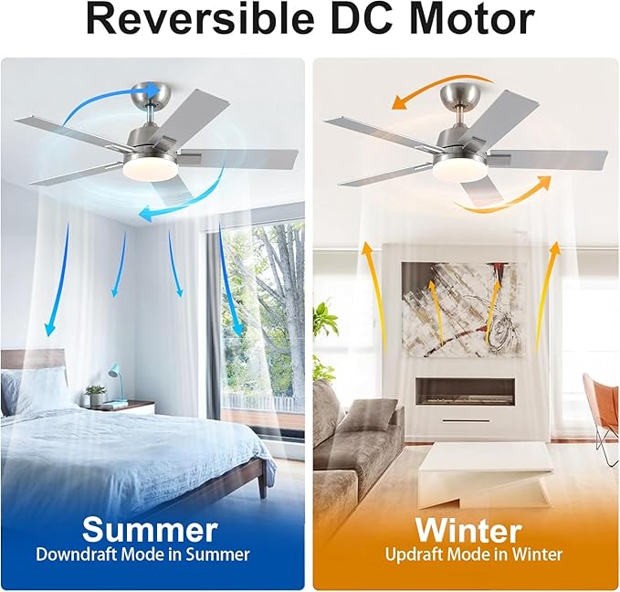 42 Inch Ceiling Fans with Lights and Remote, Brushed Nickel Ceiling Fan, 6 Speed Reversible DC Motor, 3CCT Dimmable LED, Modern Design for Bedroom, Living room & Covered Outdoor,Includes Downrod