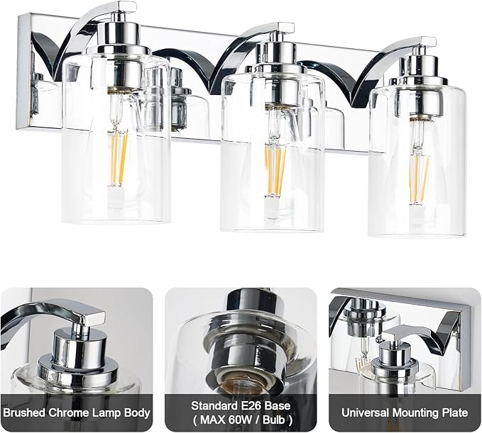 3-Light Bathroom Light Fixtures Modern Chrome Vanity Lights for Bathroom Lighting Fixtures Over Mirror with Clear Glass Shade for Cabinet Mirror Bedroom Hallway