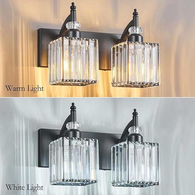 Crystal Vanity Lights - Black, 2 Light Modern Bathroom Vanity Light Fixtures Over Mirror