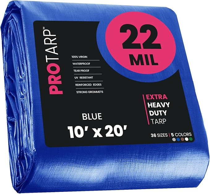 PROTARP Extreme Heavy Duty 22 Mil Tarp Cover, Waterproof, UV Resistant, Rip and Tear Proof, Poly Tarpaulin with Reinforced Edges for Roof, Camping, Patio, Pool, Boat. (Blue 10′ X 20′)