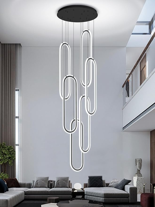 Flashing God Chandelier 6-Rings Contemporary Chandelier for High Ceiling Flush Mount Led Dimmable Large Pendant Lighting Black Ring Chandeliers for Villa Foyer Entrance Living Room