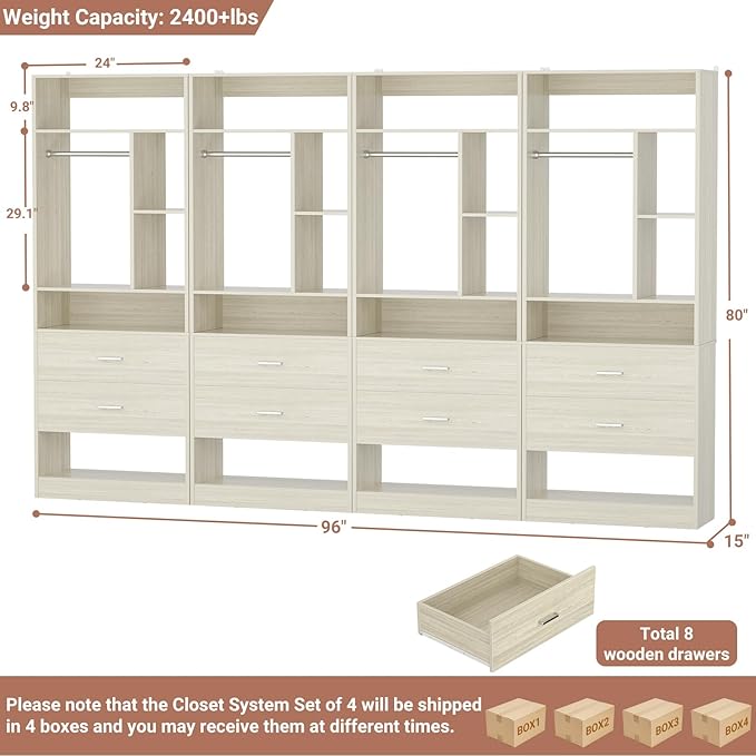 8FT Closet System with 8 Wood Drawers, 96" Closet Organizer System with 20+ Small Shelves & 2 Hanging Rods, Walk-in/Nursery Closet Systems, Set of 4, White Oak (96" L x 15" W x 80" H)