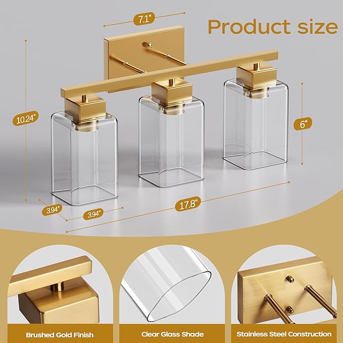 PARTPHONER 3-Light Bathroom Light Fixtures, Brushed Gold Modern Vanity Lights, Bathroom Lighting Fixtures Over Mirror, Square Design Farmhouse Wall Sconces with Clear Glass Shades