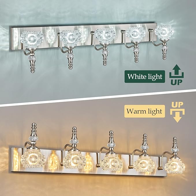 Modern Glass Crystal Vanity Light - Vintage Bathroom Lighting Fixtures Over Mirror, 5 Light Vanity Lights G9 Bulb (35.43 Inch, Nickel)
