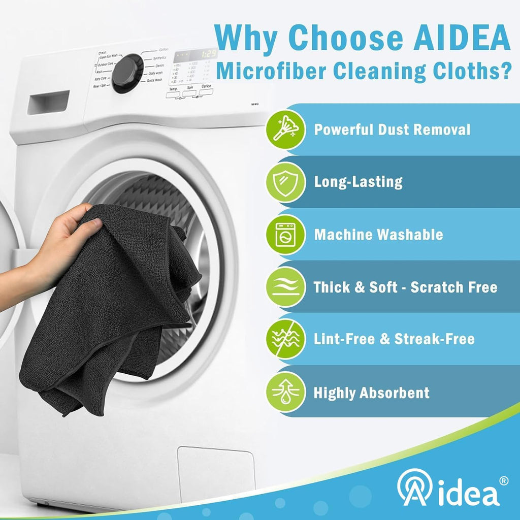 AIDEA Microfiber Cleaning Cloth-8PK, Soft Microfiber Towels for Cars, Absorbent Cleaning Rags, Lint-Free Streak-Free Wash Cloths for House, Kitchen, Window(12in.x16in), Black