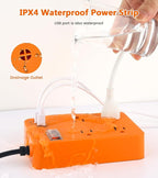 Outdoor Power Strip Weatherproof,Fast Charging Station 20W USB C,Waterproof Surge Protector 4 Outlets, Multi Outlet Extension for Camping, Garden, Kitchen,Bathroom,Flat Plug (Orange, 10 FT Cable)