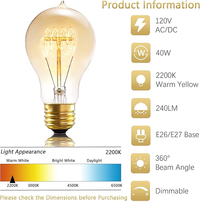Incandescent Light Bulbs 40W，A19 Vintage Style Edison Light Bulb, 240 Lumen Dimmable 120V E26 Base Amber Glass Retro Bulb Old Fashioned, Squirrel Cage 2200K Warm Yellow Decorative Lamp, 6 Pack