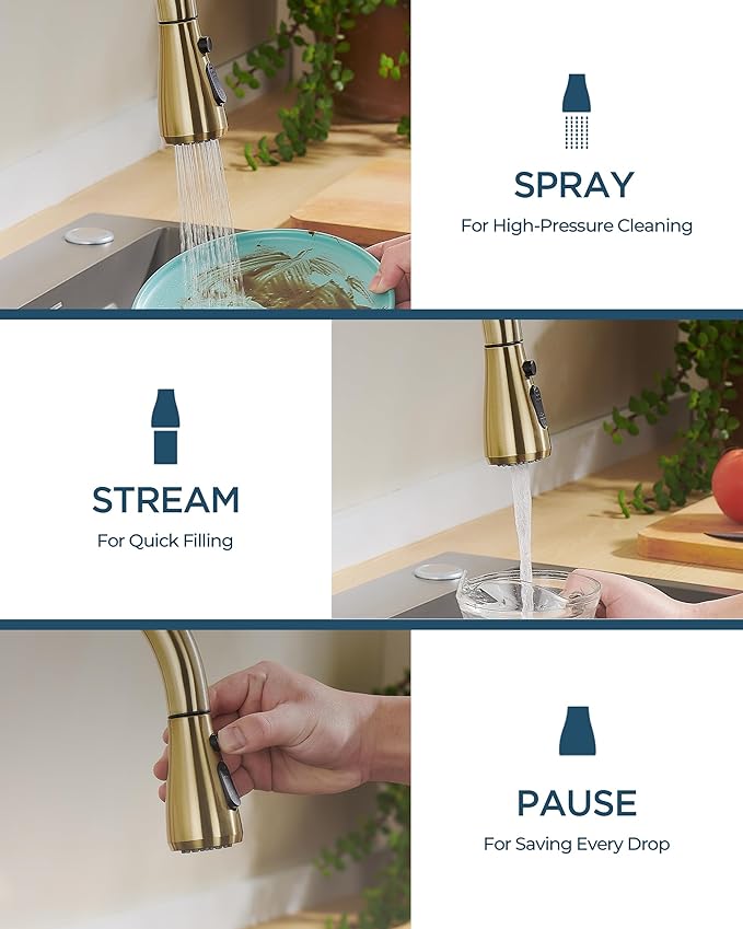Kitchen Faucet with Pull Down Sprayer, Gold High Arc Stainless Steel Classic Sink Faucet, Single Handle with Deck Plate for 1 or 3 Hole Sinks for RV Bar Laundry Farmhouse