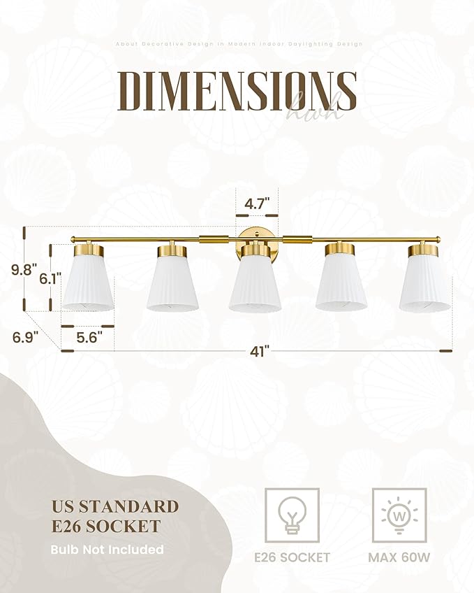 Bathroom Light Fixture, HWH 5-Light Bathroom Vanity Light Brushed Gold Vanity Lighting Over Mirror, Modern Vanity Lights with Frosted White Striped Glass, 5HZG97B-5W BG