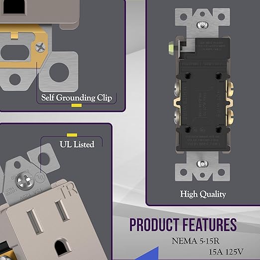 ENERLITES Elite Series Decorator Receptacle Outlet, Child Safe, Tamper-Resistant, Self-Grounding, Residential Grade, 15A 125V, UL Listed, 61501-TR-NKWP, Nickel With Wall Plate