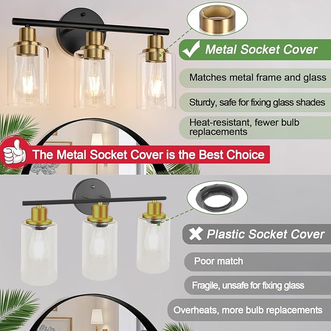 3-Light Bathroom Light Fixtures, Black and Gold Bathroom Wall Lights, Modern Vanity Light with Clear Glass Shade, Bathroom Wall Lamp for Mirror Kitchen Bedroom Hallway Cabinet