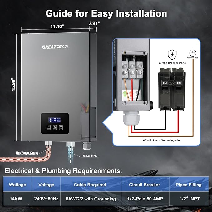 Electric Tankless Water Heater, GREATBEAR 14KW On Demand Water Heater Electric 240V, Point of Use Instant Hot Water Heaters, With Self Modulating ECO130G Gray