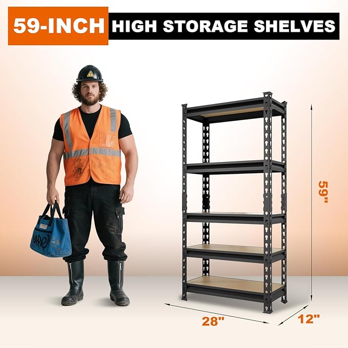 BIG RED Storage Shelving Unit, 5-Tier Adjustable, Heavy Duty Metal Garage Shelves/Utility Rack for Kitchen, Pantry, Basement, Bathroom, Laundry - 2,000 lbs Capacity, Black, 59" H x 28" W x 12" D
