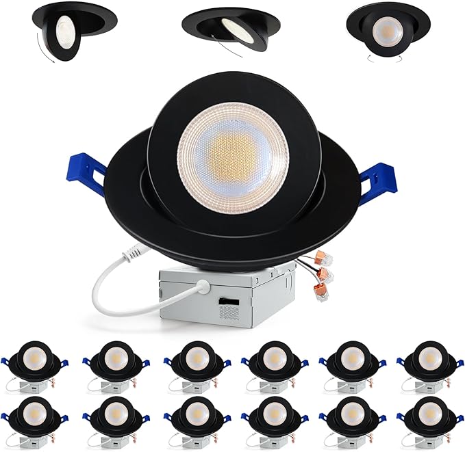 Adetu Recessed Lighting 6 inch, 360°+90° Adjustable Directional 6 inch 5CCT Gimbal Black Led Recessed Lighting, 2700K-5000K Dimmable Retrofit Eyeball Can Recessed Lights with Jbox, ET（Black-12 Pack）