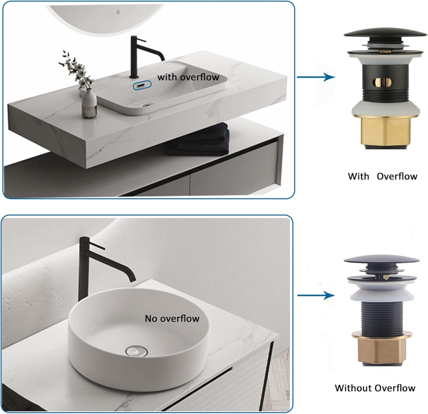 Bathroom Sink Drain,2 Pack Drain Stopper Bathroom Sink Without Overflow,Pop Up Drain Assembly with Detachable Strainer Basket,Built-in Anti-Clogging Strainer,Stainless Steel Mattle Black