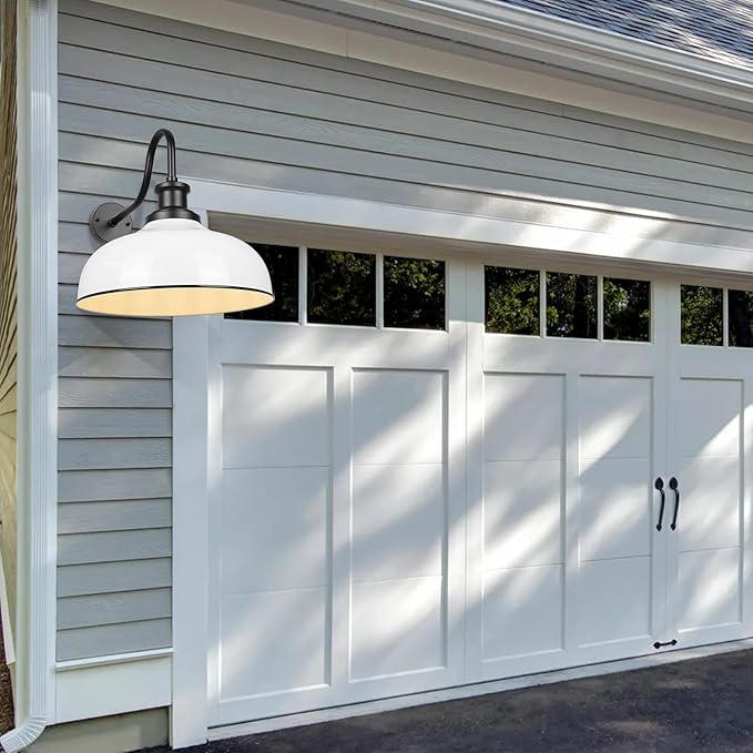 Outdoor Gooseneck Barn Lights, 16 Inch Dome Outdoor Wall Sconce Farmhouse Exterior Wall Mount Light Vintage Wall Lighting Fixture Industrial Lantern for Porch, Entryway, Garage, RZ007L-2 WH