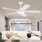 52 Inch Ceiling Fans with Lights and Remote, Modern Indoor Outdoor Ceiling Fan for Bedroom Living Room Patio Porch, 6 Speeds, Reversible Quiet Motor, Dual Finish Wooden Blades, White