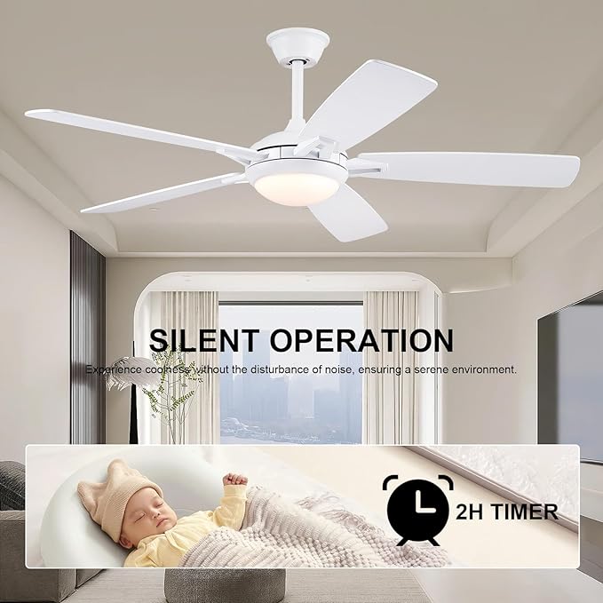 52 Inch Ceiling Fans with Lights and Remote, Modern Indoor Outdoor Ceiling Fan for Bedroom Living Room Patio Porch, 6 Speeds, Reversible Quiet Motor, Dual Finish Wooden Blades, White