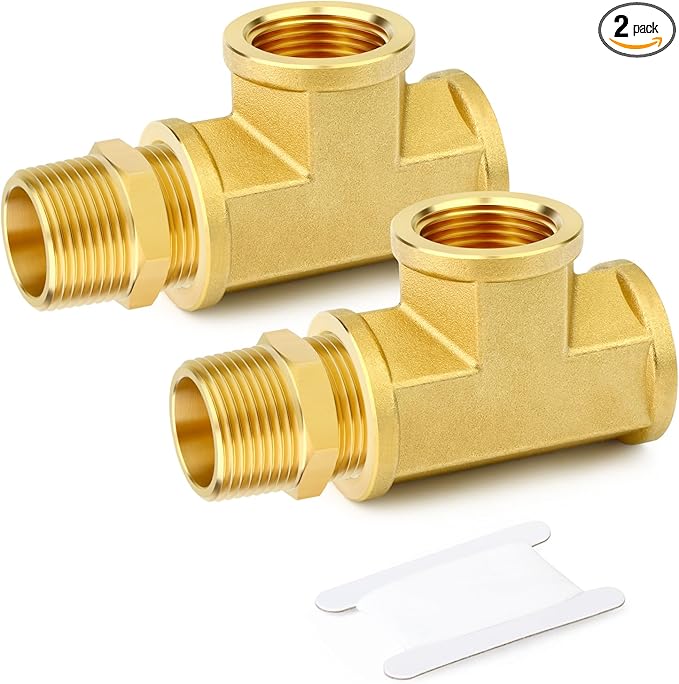 GASHER 2PCS Brass Tee Pipe Fittings, 3/4" NPT Female x 3/4" NPT Female x 3/4" NPT Male Pipe Fittings, Male Run Tee