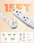 DEWENWILS 15FT Flat Plug Extension Cord, 3 Prong Ultra Thin Power Strip, 360° Rotating Plug, 13A/125V/1625W, 16 Awg Grounded Flat Power Cable for Indoor Narrow Space, SPT-3, ETL Listed, White