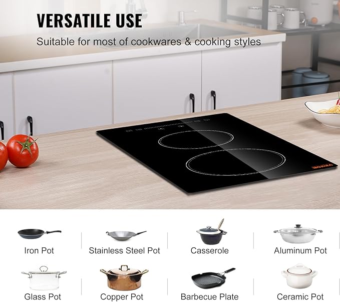 VEVOR Built in Electric Stove Top, 12 inch 2 Burners Ceramic Cooktop, Glass Radiant Cooktop with Sensor Touch Control, Timer & Child Lock Included, 9 Power Levels for Simmer Steam Slow Cook Fry,110V