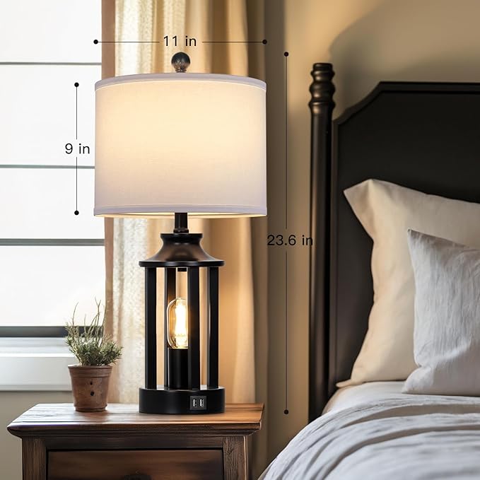 Black Living Room Lamps Set of 2, 3 Way Dimmable Touch Control Farmhouse Table Lamps with 2 USB Ports, Retro Bedside Lamp with 2 LED Nightlight,Rustic Bedroom Lamp for Nightstand(4 LED Bulbs Included)