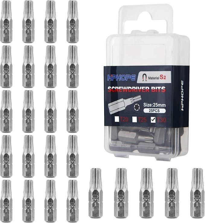 HPHOPE T30 Screwdriver Bit Set, Torx Bits T30, 1/4" Hexagon Bit (Length: 1", 25 Pack)