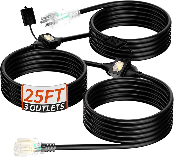 25 FT Outdoor Extension Cord with Multiple Outlets, 16/3 Gauge Heavy Duty Christmas Light Extension Cord Evenly Spaced 3 Outlets Black with Lighted, 16AWG 13AMP 1625W 125V SJTW, ETL Listed