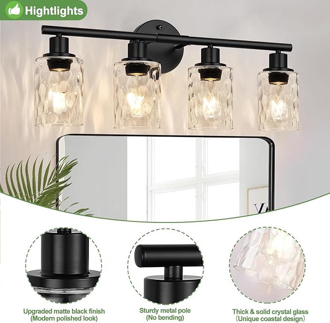 4-Light Bathroom Light Fixtures, Black Modern Vanity Lights with Clear Glass Shade, Bathroom Wall Lamp for Mirror Kitchen Living Room Hallway Cabinet Porch