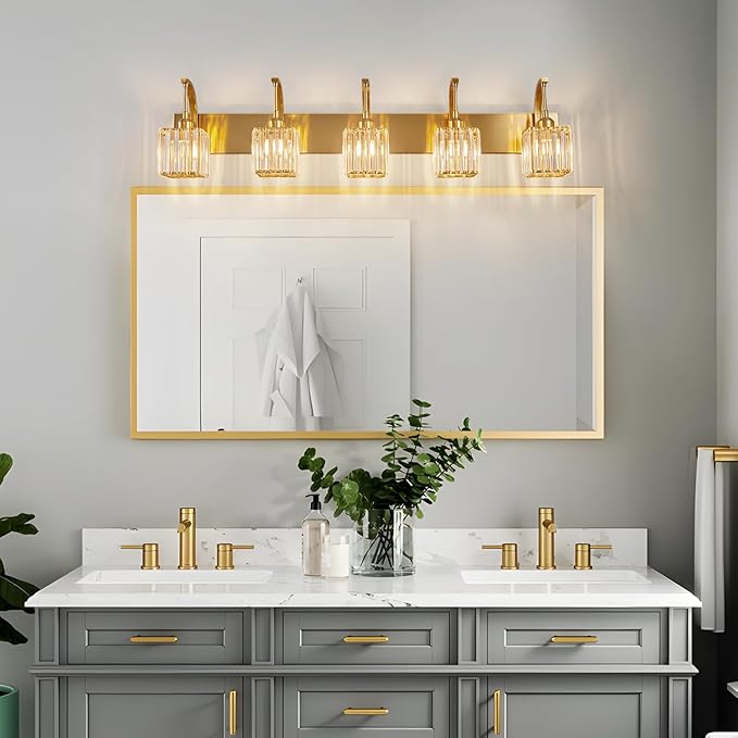5-Light Crystal Vanity Light, Modern Gold Bathroom Wall Sconce with K9 Crystal Shades, 42.51" Long Over Mirror Lighting for Vanity, Makeup, Hallway, Elegant & Easy Installation