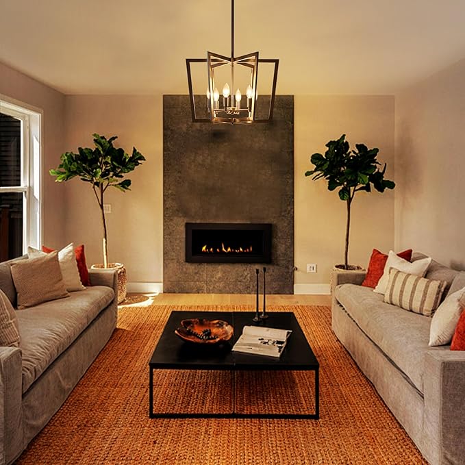 Brushed Nickel Chandelier, 6-Light Geometric Dining Room Light Fixture Over Table Metal Modern Chandelier Lighting for Kitchen Island Entryway, 20 Inch Pendant Lighting Hanging Ceiling Lamp