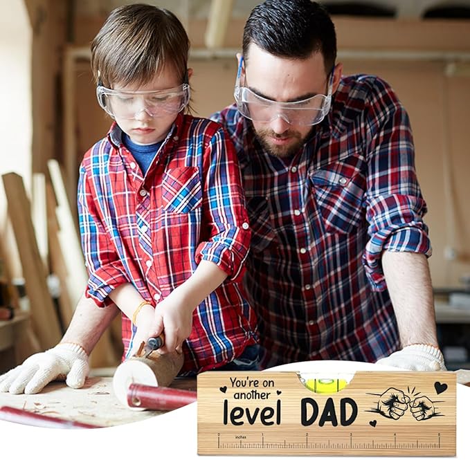 Christmas Gifts for Dad from Daughter Son, Best Stepped Up Dad Gifts for Father, Funny Birthday Fathers Day Valentines Gift for Stepdad Wooden Spirit Level A4