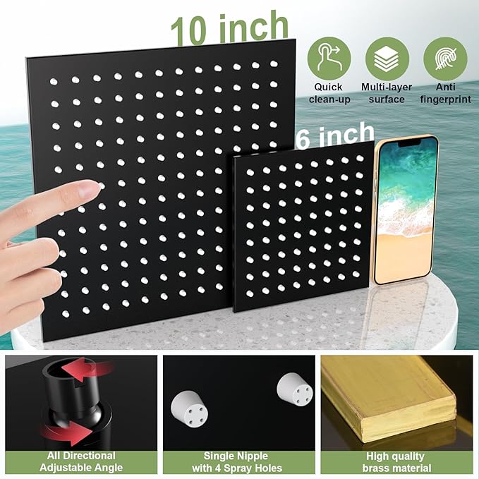 Enga 10 Inch + Dual 6-Inch Rain Shower System, Four Modes Diverter Shower Faucet with Handheld, Luxury Rain Mixer Shower Combo Set, Matte Black