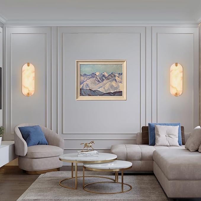14.17in Alabaster Wall Sconces, Natural Marble Wall Light Set of Two, Modern LED Alabaster Sconces for Living Room Indoor Wall Lamps for Dining Room Stairs Bedroom,Brushed Gold