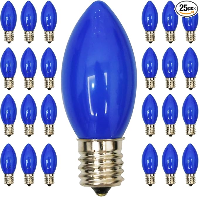 25 Pack C9 Christmas Replacement Light Bulbs, Blue Ceramic Bulbs C9 Vintage Christmas Light for Outdoor Patio Indoor String Lights, C9/E17 Intermediate Base, 7 Watts Night Light, 120 Volt-Bule