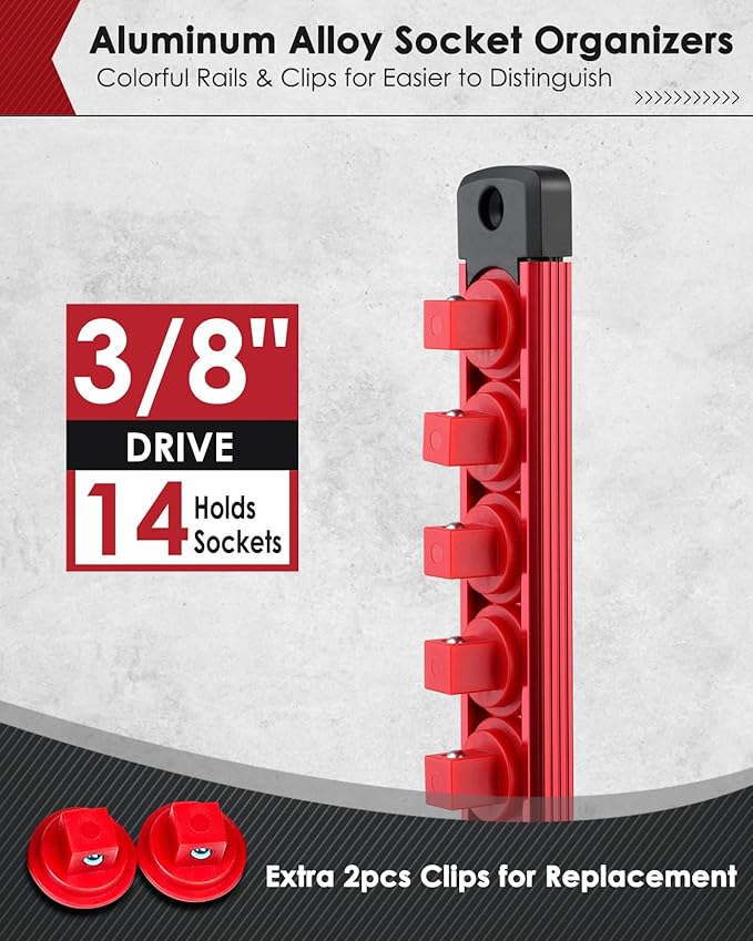 3/8" Magnetic Socket Holder Organizer - Aluminum Alloy Socket Rail Tray for Tool Box Drawer, Socket Rack with Extra 2Pcs Replacement Clips for Automotive Garage(Red)