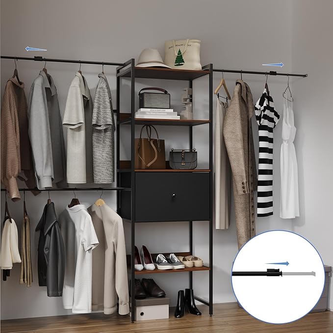 Adjustable Clothes Hanger, 108 Inches Closet System, Walk In Closet Organizer with 4 Shelving Towers, Heavy Duty Clothes Rack with Drawer, Industrial Built-In Garment Rack, Entryway Shelf