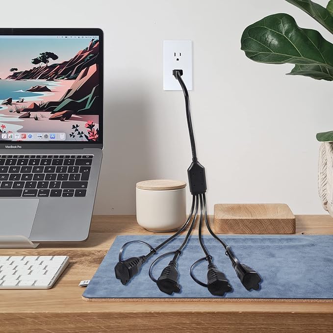 KUNCAN 4-Outlet Power Splitter Cord - 3 Prong 1 to 4 Way Male to Female Multi Plug Adapter, 1.5FT 16AWG 13A Y Style Extension Cord with Outlet Cover for Computer, LED Stage Light (Black 1-Pack)