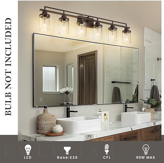 Emliviar 6-Light Bathroom Vanity Light Fixture, 44.3" Farmhouse Wall Lamp for Bedroom, Kitchen, Oil Rubbed Bronze Finish with Clear Glass, YCE238B-6W ORB