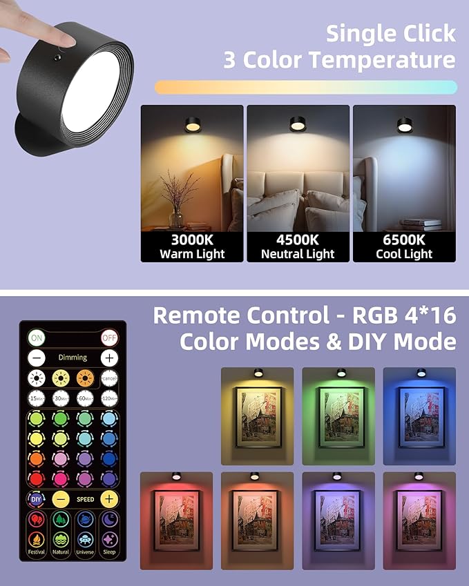 Wall Mounted Lights, 2 Pack Rechargeable RGB Color Changing Light, 3 Color Temps & Remote and Touch, 360°Rotation Dimmable Cordless for Study Bedroom Reading Bedside (Black)