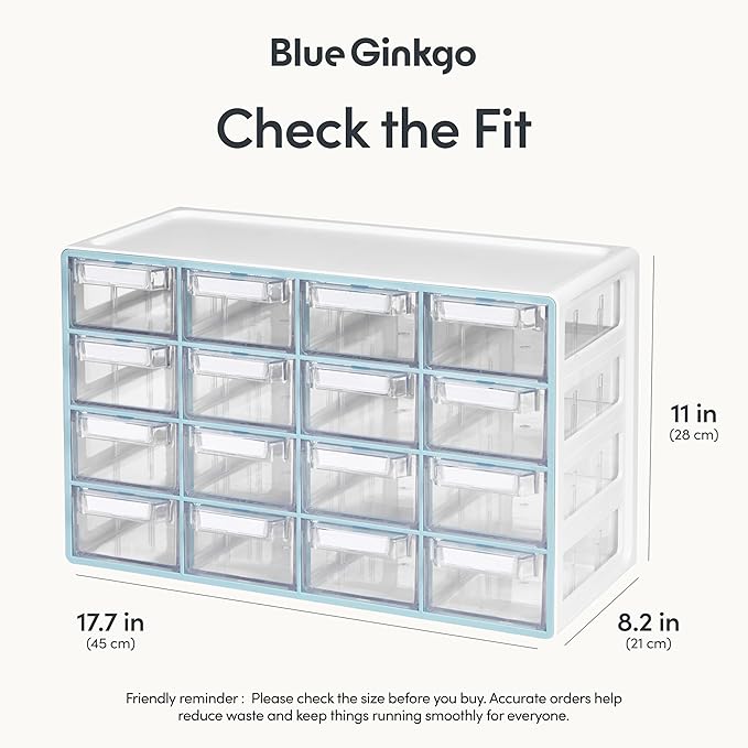 Blue Ginkgo Medium 16-Drawer Cabinet – Stackable Clear Organizer for Hardware, Beads, Plastic Bricks, Office, and Craft Storage (Made in Korea, Blue)