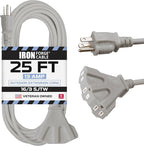 Iron Forge Cable 25 ft Gray Outdoor Extension Cord with Multiple Outlets, 16/3 SJTW 25 Foot Grey Outdoor & Indoor Extension Cord with 3 Outlets, 3 Prong, Weatherproof 13 Amp Heavy Duty Power Cable