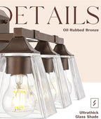 Farmhouse Bathroom Light Fixtures, HWH 3-Light Vanity Light Fixture Over Mirror, Industrial Wall Sconce Lighting with Square Bell Glass Shade, Oil-Rubbed Bronze Finish, 5HY68B-3W ORB