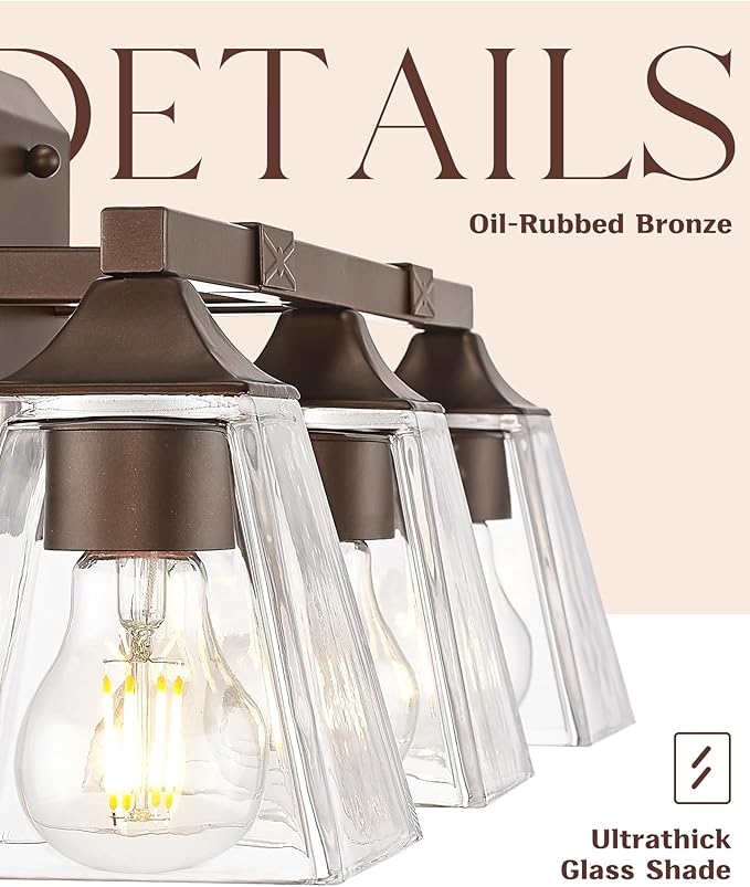 Farmhouse Bathroom Light Fixtures, HWH 3-Light Vanity Light Fixture Over Mirror, Industrial Wall Sconce Lighting with Square Bell Glass Shade, Oil-Rubbed Bronze Finish, 5HY68B-3W ORB