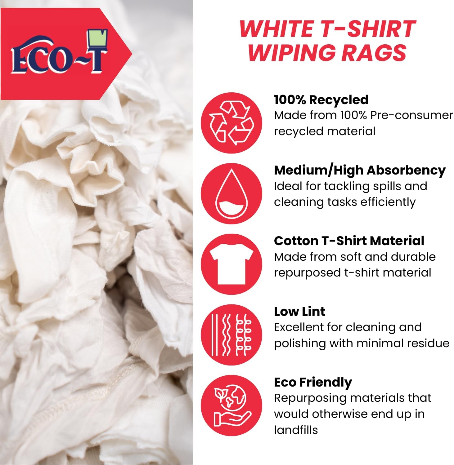 25Lb Box Eco-T Paint Rags - White T-Shirt Material, 100% Recycled, Eco-Friendly, High Absorbency, Low Lint, Low-Cost, Painting and Cleaning Cloth